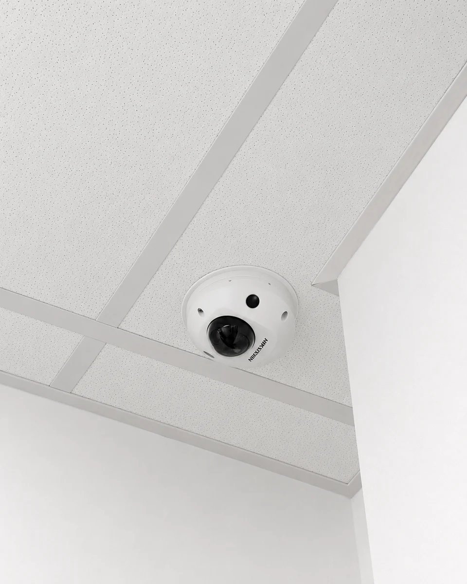 Ceiling-mounted dome CCTV camera in a commercial interior