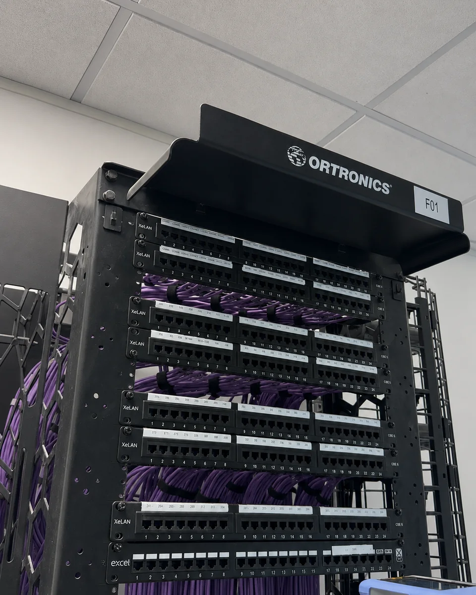 Labelled network patch panels and structured cabling in a rack